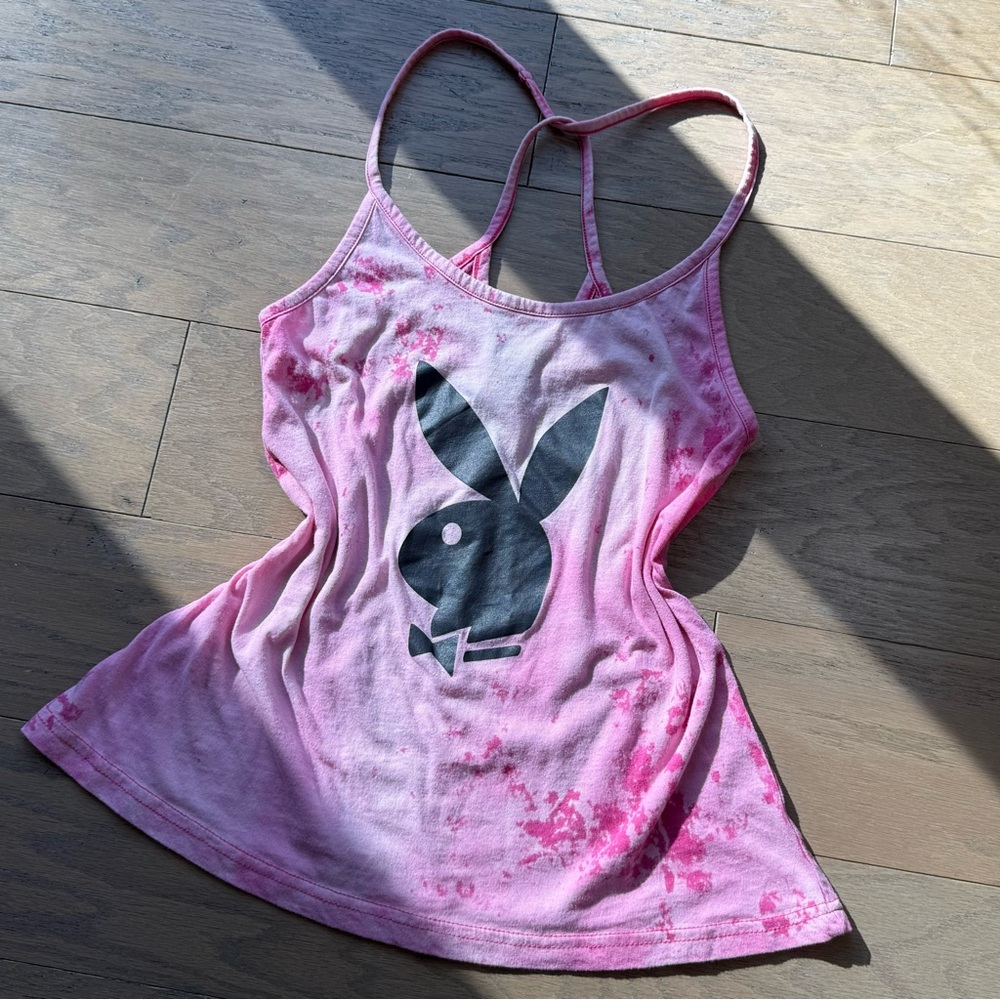 Playboy pink and white bleached tank